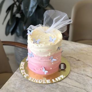 Pink ombré cake with tulle veil and butterflies, bye-bye single life, by DOT Cake Art
