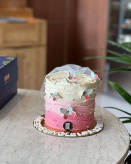 Pink ombré cake with veil and butterflies, bye-bye single life, by DOT Cake Art