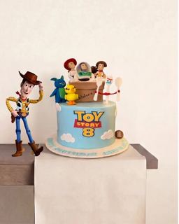 Blue Toy Story cake with Woody, Buzz and number 8, by DOT Cake Art