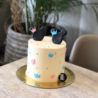 White cake with Mickey and Minnie ears and little crowns, by DOT Cake Art