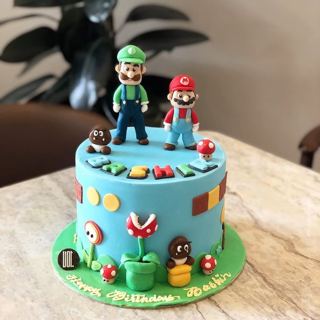 Blue Super Mario cake with Mario and Luigi, by DOT Cake Art