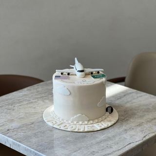 White cake with plane, clouds and a globe, by DOT Cake Art