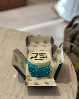 Small blue ombré cake with get-well message, by DOT Cake Art