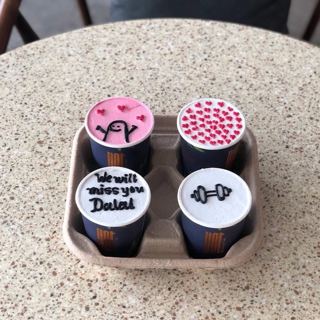 Four cup cakes with hearts and dumbbell, farewell, by DOT Cake Art