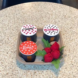Three cup cakes with red hearts and roses for Valentine's, by DOT Cake Art