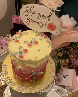 Pink and yellow cake with butterflies, by DOT Cake Art